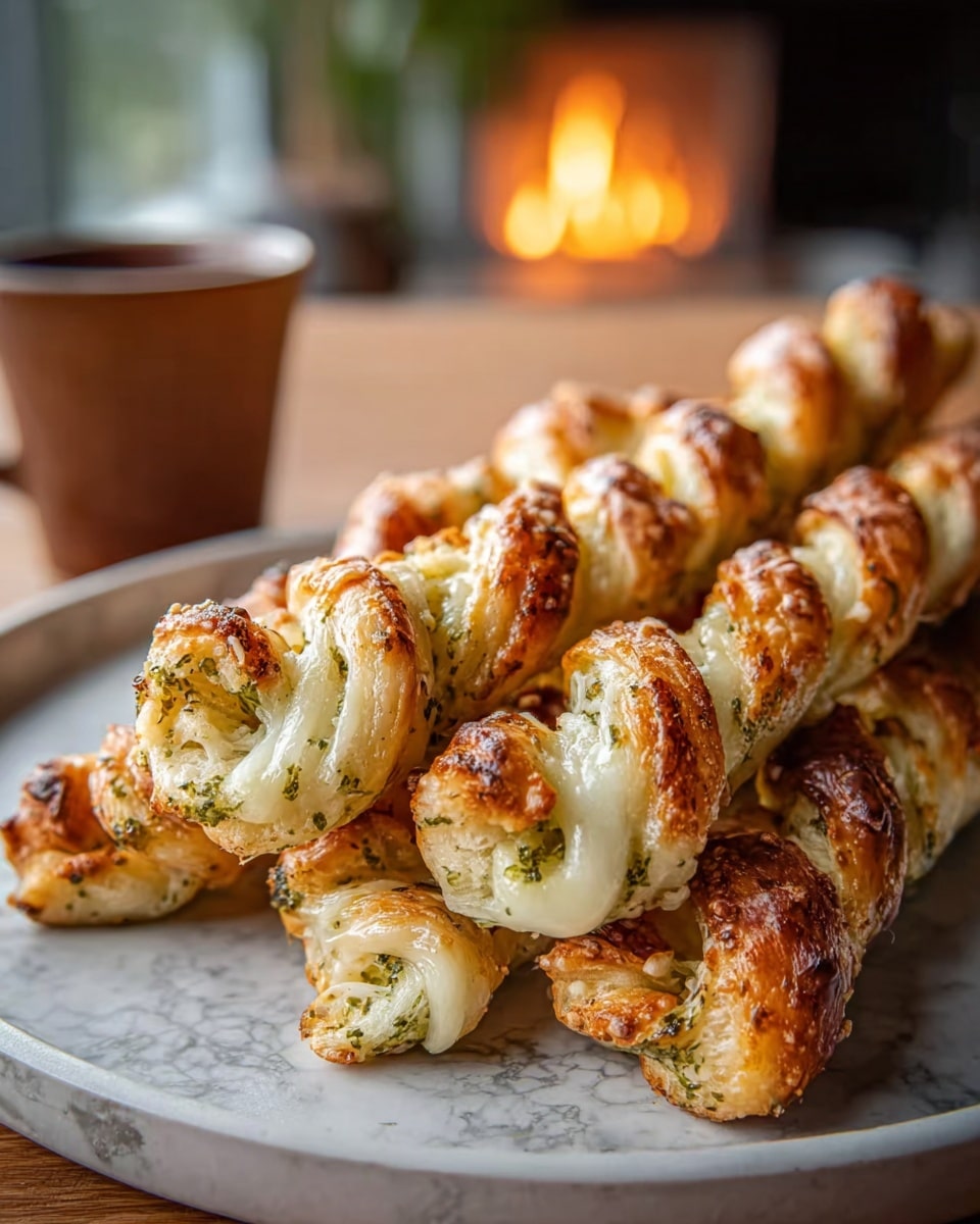 The image shows a close-up of four twisted breadsticks on a white plate, each breadstick made of layered dough with a golden brown crust and melted white cheese visible in between the twists. The breadsticks have a slightly rough texture with bits of green herbs sprinkled on top, giving a speckled look. The breadsticks rest on a white marbled textured surface, with a blurred background showing a brown cup and a glowing light. The warm lighting enhances the crispy and cheesy appearance of the breadsticks. photo taken with an iphone --ar 4:5 --v 7