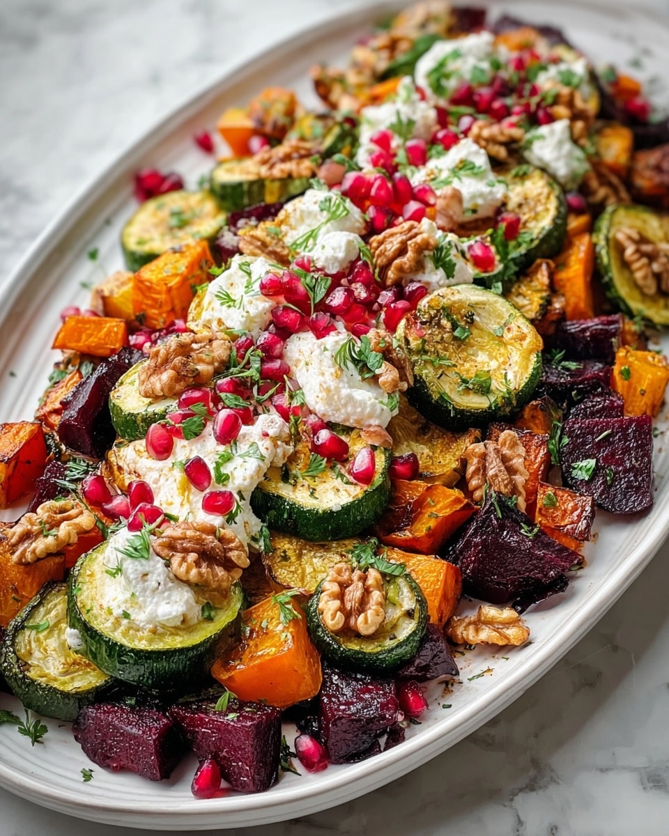 The dish shows a white oval plate filled with three layers of roasted vegetables and toppings. The bottom layer has green round zucchini slices, deep purple beet chunks, and bright orange pumpkin cubes, all with a roasted texture. The middle layer is scattered with chopped bright red pomegranate seeds that add small pops of color. The top layer features dollops of soft white cheese and large brown walnut halves, with green herbs sprinkled all over for freshness. The whole plate sits on a white marbled surface, highlighting the vibrant colors of the vegetables and toppings. photo taken with an iphone --ar 4:5 --v 7