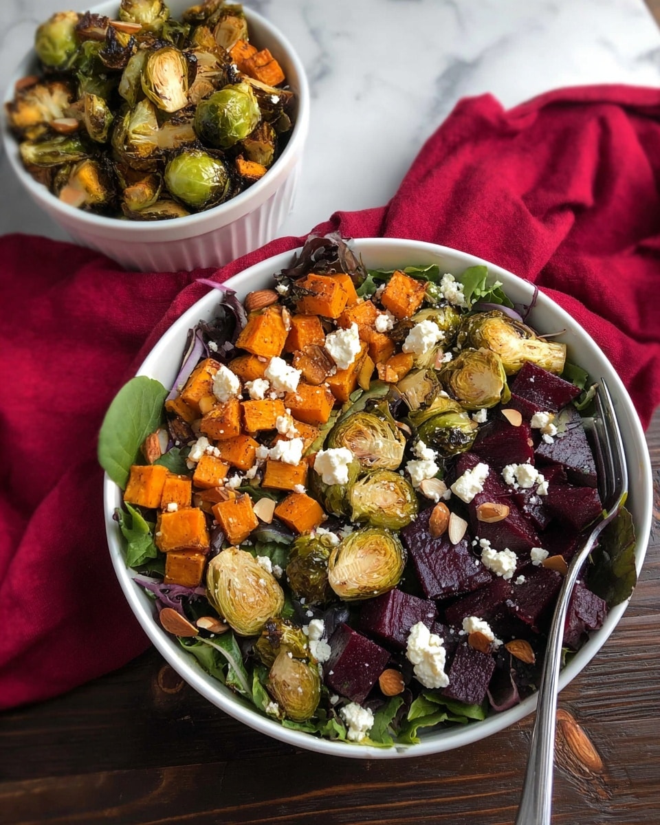 The image shows a large white bowl filled with a colorful roasted vegetable salad layered on fresh mixed greens. The first layer is dark green leafy vegetables, topped with roasted Brussels sprouts that are golden brown with charred edges. Scattered among these are deep orange cubed roasted sweet potatoes and dark purple cubed roasted beets. White crumbles of cheese are sprinkled evenly across the top, along with whole almonds adding texture. Resting on the bowl's edge is a silver fork. In the background, there is another smaller white bowl containing more roasted Brussels sprouts and sweet potatoes. The setup is on a dark wooden table with a red cloth nearby and the entire scene is set on a white marbled surface. photo taken with an iphone --ar 4:5 --v 7