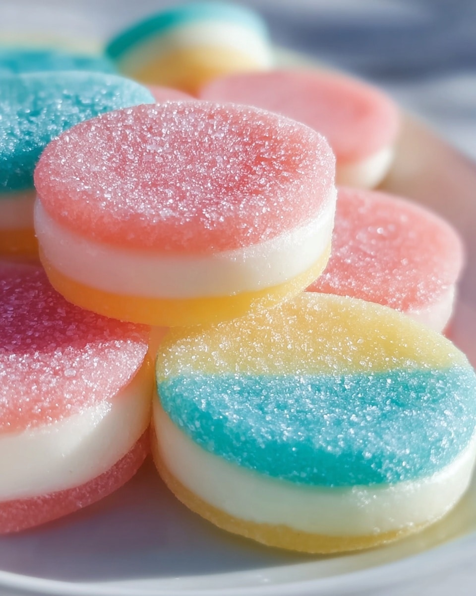 The image shows several round, layered gummy candies placed closely together on a white plate. Each candy has three layers: a colored top layer in pastel shades of blue, pink, yellow, or orange with a sugary texture, a middle white layer that looks smooth and soft, and a bottom colored layer matching the top layer. The candies have a light dusting of sugar crystals on top, adding a sparkling effect. The background is blurred out with soft light, giving the candies a fresh and bright look. The photo taken with an iphone --ar 4:5 --v 7