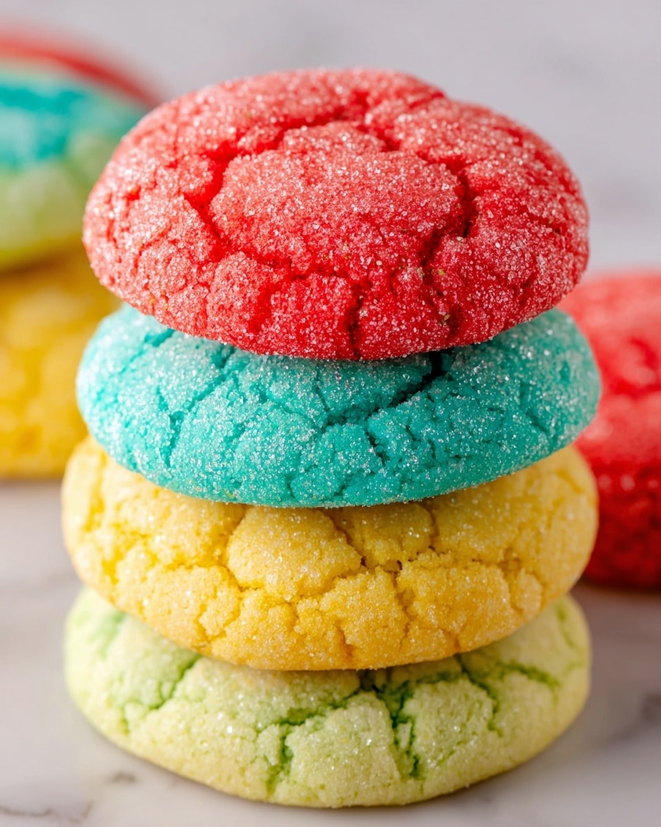 A stack of four soft, round cookies, each with a cracked, sugar-coated surface that sparkles under the light. From top to bottom, the first cookie is bright red, the second is a vibrant turquoise blue, the third is a sunny yellow, and the bottom one is light green. The cookies sit closely together, showing their thick, slightly crumbly texture, placed on a smooth white marbled surface with blurred cookies in similar colors in the background, adding a fun, colorful atmosphere. photo taken with an iphone --ar 4:5 --v 7