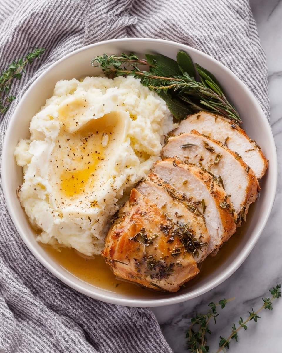 A white plate holds two thick slices of roasted pork meat layered on the left side, showing a light brown color with herbs sprinkled on top and the edges slightly crisp. To the right of the pork, there is a generous serving of creamy mashed potatoes with a soft texture, sprinkled with black pepper and drizzled with golden melted butter. At the very back of the plate, a small square of pale yellow butter is visible, with a few green herb sprigs around it. The plate sits on a white marbled surface, and the image is softly lit, emphasizing the textures of the food. photo taken with an iphone --ar 4:5 --v 7