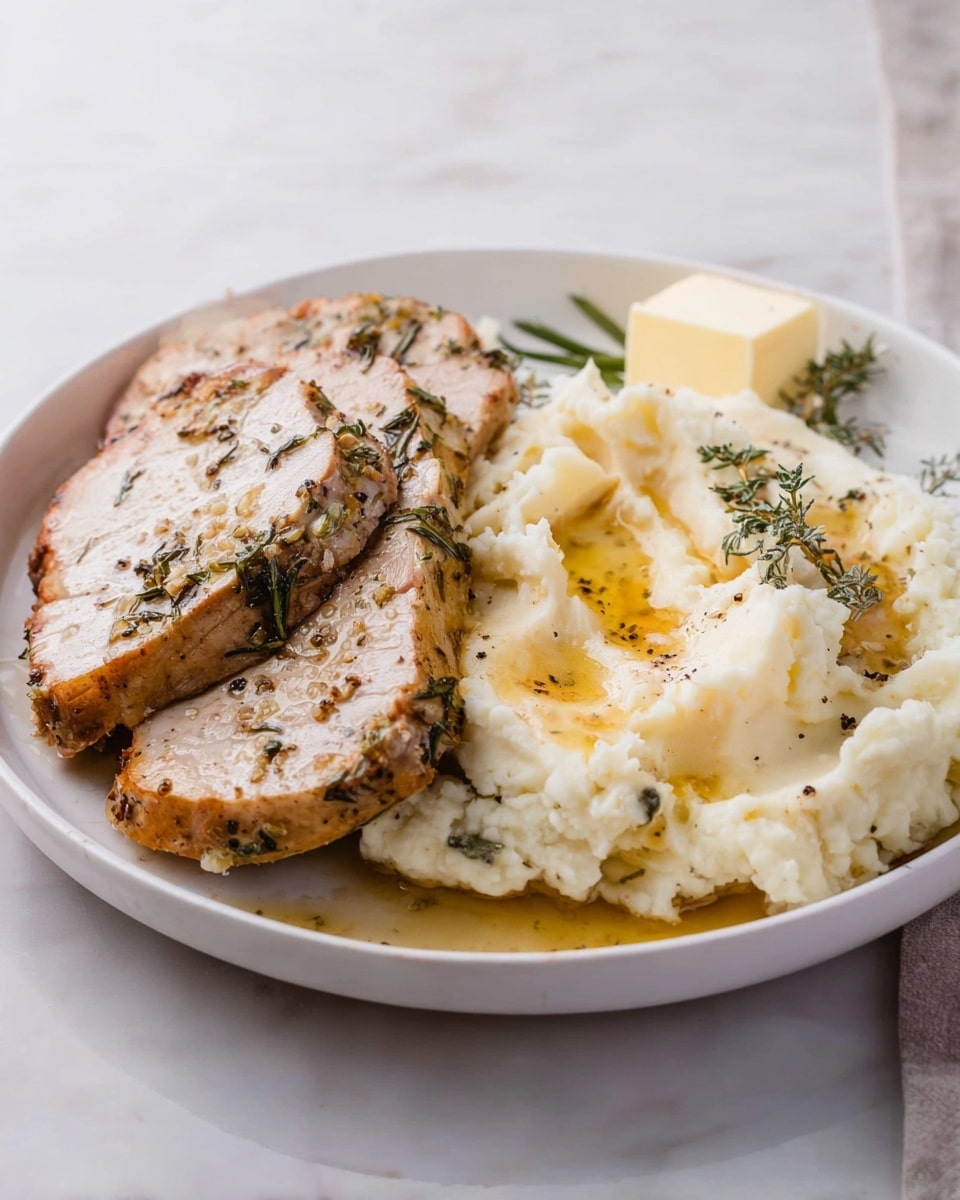 The dish shows a white bowl with two thick slices of golden-brown roasted turkey breast on the right side, with visible herbs and juices on the surface. On the left side of the bowl, there is a fluffy white mound of mashed potatoes topped with a small pool of melted butter and a sprinkle of black pepper. Fresh green herbs lie next to the turkey, adding a touch of color. The bowl is set on a light grey and white striped cloth, all placed on a white marbled surface. photo taken with an iphone --ar 4:5 --v 7