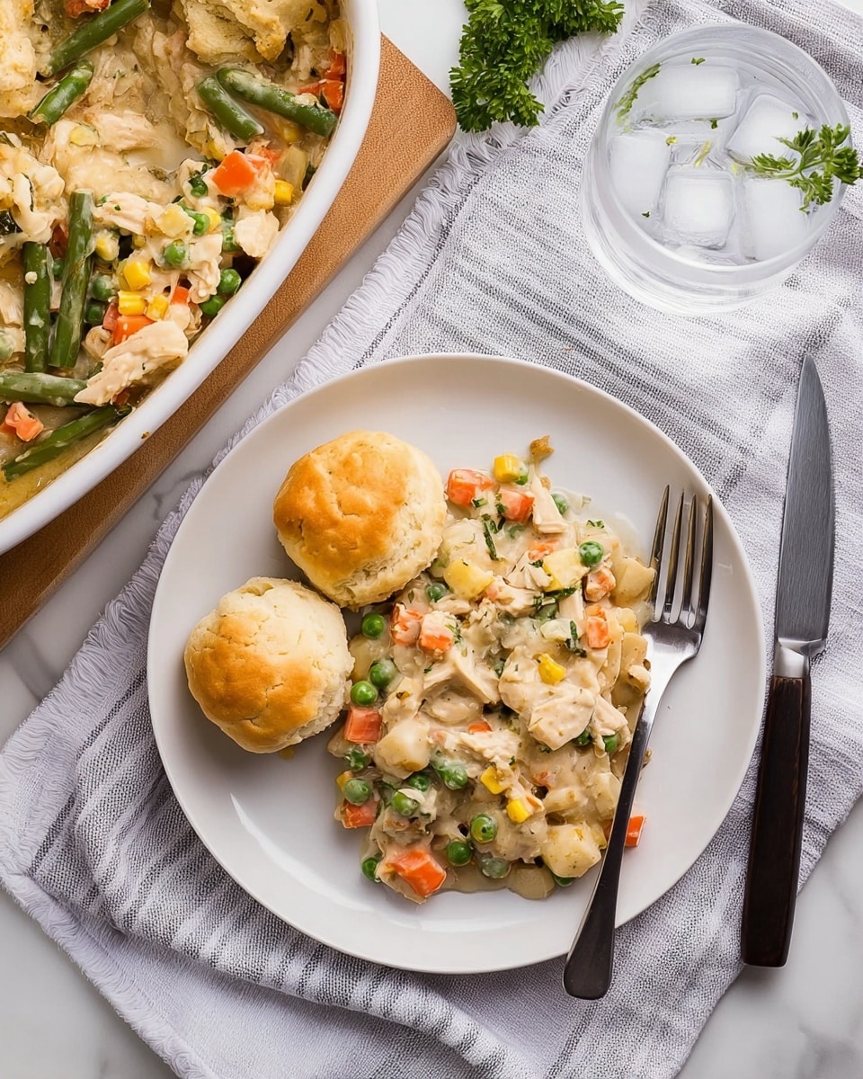 A rectangular metal baking pan filled with a layered casserole dish. The bottom layer shows a mix of golden-brown bread cubes, giving a toasted, crispy texture. On top, there are scattered chunks of white cooked chicken mixed with green peas, small diced orange carrots, and some leafy green herbs evenly spread throughout. A light, melted creamy sauce covers parts of the ingredients, adding a shiny and soft texture. The pan rests on a white marbled surface with a gray and white striped cloth beside it. photo taken with an iphone --ar 4:5 --v 7