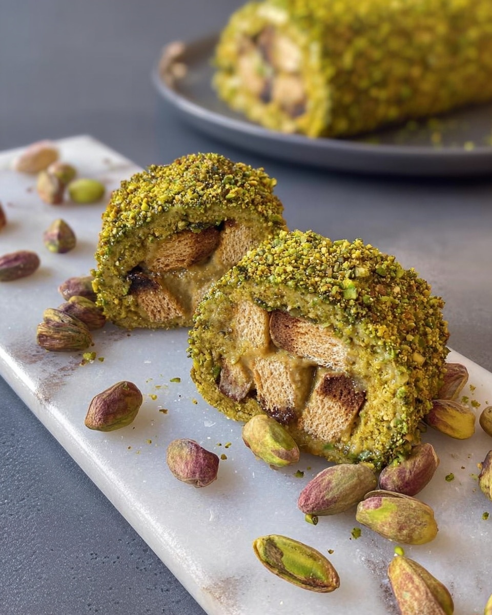 The image shows two pieces of a rolled dessert with the outer layer covered in crushed green pistachios, giving a rough and textured look. Inside, the dessert has a light brown creamy layer mixed with visible biscuit pieces arranged in a neat pattern. The dessert slices lie on a white marbled surface, with whole and halved pistachios scattered around them. In the background, more of the dessert roll, fully coated in crushed pistachios, is placed on a dark gray plate. The contrast between the green pistachios and the creamy brown inside layers creates a visually appealing look. Photo taken with an iphone --ar 4:5 --v 7