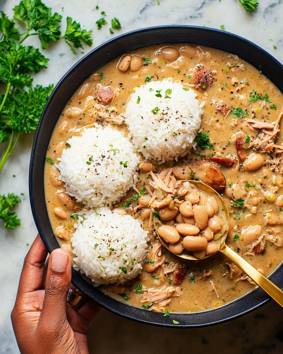 A black bowl filled with a creamy, thick stew of light brown beans mixed with shredded pieces of meat and small bits of green herbs, topped with three round scoops of fluffy white rice lightly speckled with black pepper, garnished with fresh green parsley leaves scattered on top; a woman's hand holding the bowl on the lower right side and a gold spoon stirring the stew, set against a white marbled surface with green parsley sprigs nearby, photo taken with an iphone --ar 4:5 --v 7
