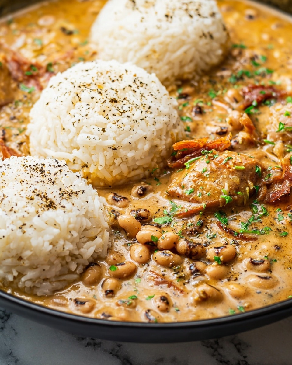 The image shows a close-up of a creamy dish with three round mounds of white rice seasoned with black pepper on the top left. Surrounding the rice is a thick stew with small black-eyed peas, pieces of soft brown meat, and bits of green herbs scattered across the creamy light brown sauce. The stew has a rich texture with some visible chunks and a glossy surface. Everything rests in a black pan set on a white marbled texture. photo taken with an iphone --ar 4:5 --v 7