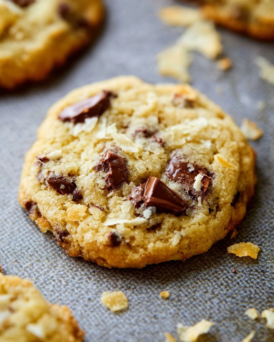 A freshly baked cookie rests on a textured baking sheet, showing one main layer of golden-brown dough speckled with semi-melted dark chocolate chips and pieces of chewy milk chocolate, with some thin, light-colored potato chip crumbs embedded and scattered around it. The cookie surface looks soft with a slightly crunchy edge, and the mix of smooth chocolate and crisp chip textures adds visual contrast. The background shows blurred parts of other cookies and more crumbs on the baking sheet. photo taken with an iphone --ar 4:5 --v 7