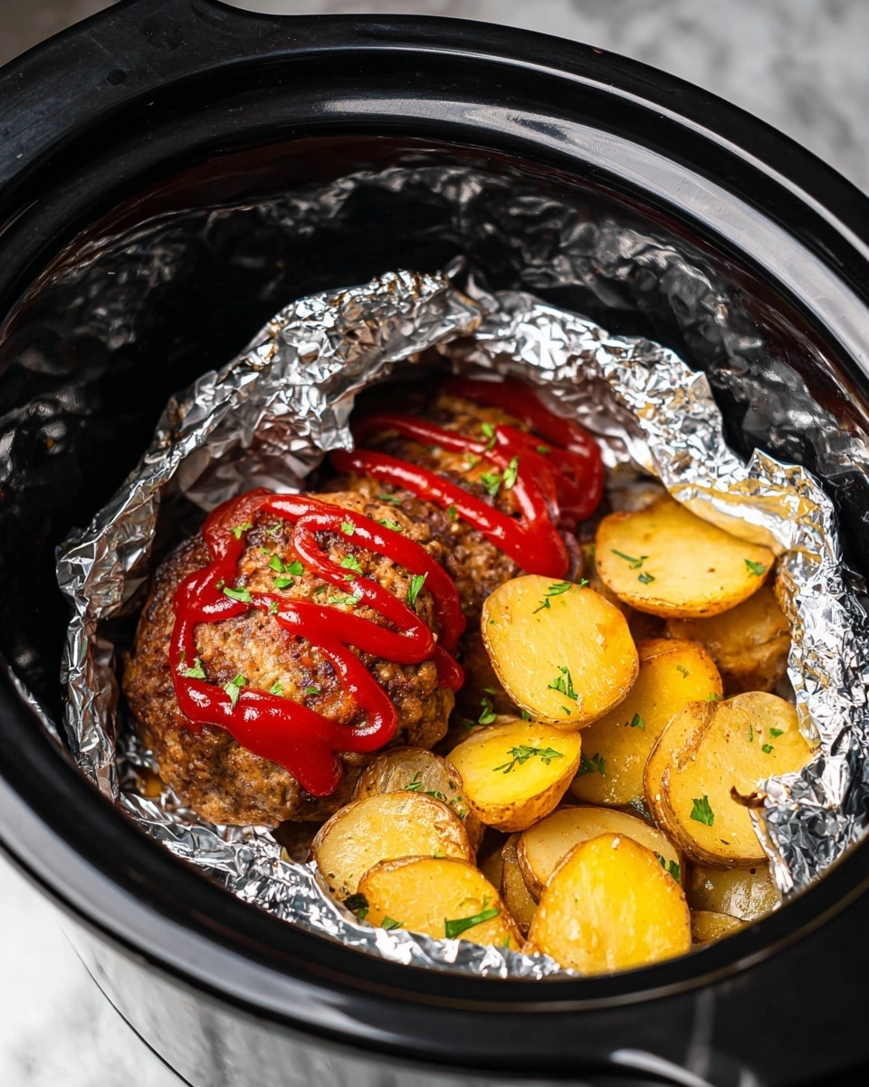 Inside a black slow cooker, there are two main parts of the dish. On one side, a cooked burger patty with a brown, slightly crispy texture is topped with bright red ketchup drizzled in squiggly lines and small green herb bits scattered lightly. On the other side, wrapped partly in shiny crumpled aluminum foil, are several slices of golden-brown roasted potatoes with a smooth texture and some green herbs sprinkled on top. The slow cooker rests on a white marbled surface. Photo taken with an iphone --ar 4:5 --v 7