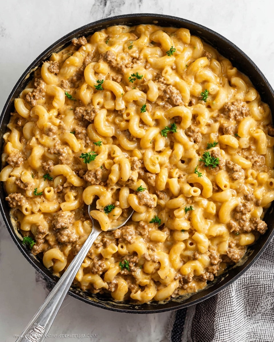 A black skillet filled with creamy macaroni and cheese with ground beef mixed throughout, the dish has three main layers: curved elbow macaroni in soft yellow color, cheesy sauce with a smooth, slightly shiny texture covering the pasta, and small chunks of browned ground beef evenly spread. Light green parsley pieces are sprinkled on top as garnish. A silver spoon rests inside the skillet, scooping some of the macaroni. The skillet handle is visible, and the whole scene sits on a white marbled surface. Photo taken with an iphone --ar 4:5 --v 7