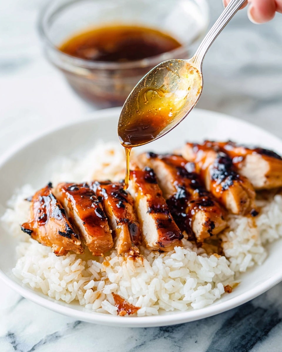 A white plate holds a base layer of fluffy white rice spread evenly, with a glossy and glistening second layer of sliced grilled chicken on top. The chicken is golden-brown with charred grill marks and a shiny glaze from a dark amber sauce being poured over it from a spoon held by a woman's hand. In the background, there is a clear glass bowl filled with more of the dark amber sauce, all placed on a white marbled surface. photo taken with an iphone --ar 4:5 --v 7