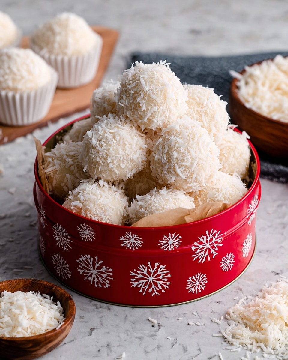 The image shows a round red tin decorated with white snowflakes filled with multiple white coconut snowballs, each covered in shredded coconut that gives them a fluffy, textured look. The snowballs are stacked tightly inside the tin, which is lined with light brown parchment paper. In the background, there are a few white paper cups holding more coconut snowballs and a small wooden bowl with extra shredded coconut spilling slightly onto a white marbled surface. The scene has a cozy, festive feel with the bright white snowballs contrasting against the red tin and the soft texture of coconut shreds clearly visible. Photo taken with an iphone --ar 4:5 --v 7