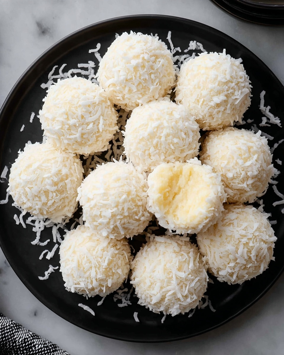 A black plate holds around twenty white coconut-covered balls tightly packed together. Each ball is made from a creamy, smooth inside layer covered by a thick outer layer of shredded white coconut flakes, giving the surface a rough, textured look. One ball near the front is slightly broken open, revealing a soft, light yellow creamy center beneath the shredded coconut. The plate sits on a white marbled surface sprinkled lightly with extra coconut flakes, adding to the fresh and soft visual feel. photo taken with an iphone --ar 4:5 --v 7