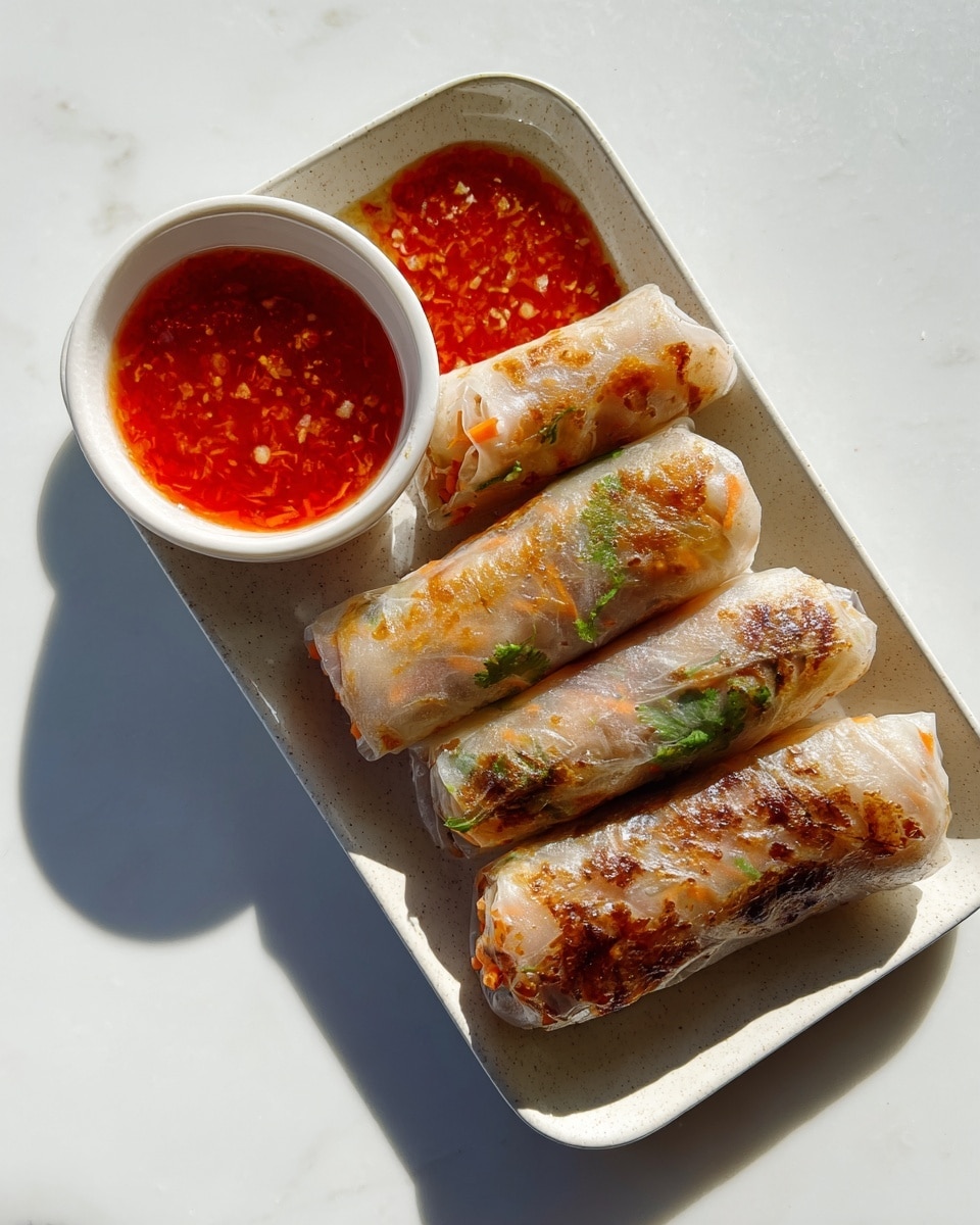 Four spring rolls are arranged side by side on a white rectangular tray, each roll showing a thin, translucent layer of rice paper with golden-brown, slightly crispy spots and visible bits of orange carrot and green herbs inside. Next to the rolls is a small white bowl filled with bright red sweet chili sauce, which has a glossy texture and tiny chili pieces. The tray sits on a clean white marbled surface, casting soft shadows from sunlight coming from the side. photo taken with an iphone --ar 4:5 --v 7
