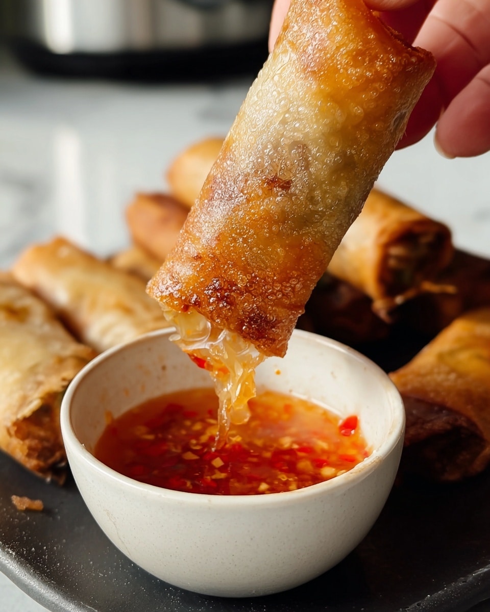 A close-up of a crispy, golden brown spring roll being dipped into a small white bowl filled with sticky orange sweet chili sauce with red chili flakes. The spring roll’s outer layer looks crunchy and slightly oily, with the sauce dripping off the bottom. The bowl is sitting on a dark serving tray with more spring rolls arranged blurred in the background, all placed on a white marbled surface. A woman's hand is holding the spring roll from the top right corner. photo taken with an iphone --ar 4:5 --v 7