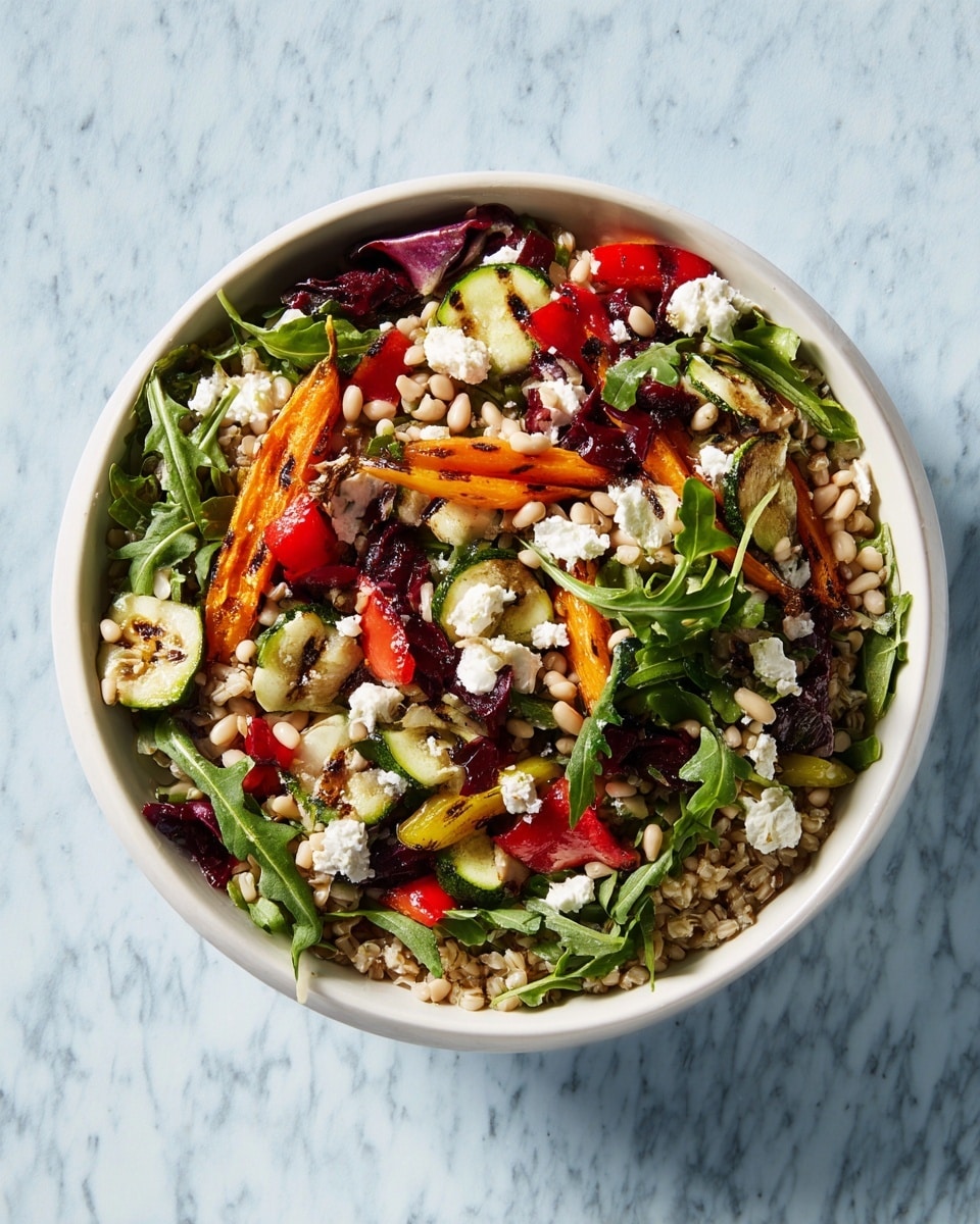 A white round bowl filled with a colorful salad, showing a mix of layers including a base of small beige grains and white beans scattered throughout. On top, there are green arugula leaves and deep red radicchio pieces giving a leafy texture. Roasted orange carrot sticks and grilled green slices of zucchini add a slightly charred look. Bright red chunks of bell pepper and small white crumbles of cheese are spread evenly, adding pops of vibrant color and creaminess. The bowl sits on a white marbled surface. photo taken with an iphone --ar 4:5 --v 7