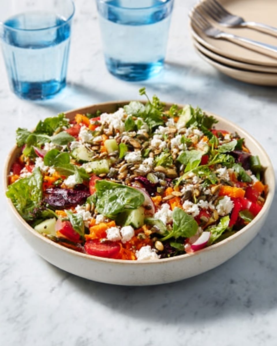 A white bowl filled with a mixed salad that has many colorful layers, placed on a white marbled surface. The salad shows chopped green lettuce and spinach as the base, topped with bits of red tomatoes and orange carrot slices scattered throughout. There are also white crumbles of cheese mixed in with some brown pumpkin seeds spread on the top. Bright green herbs add more color and texture, making the salad look fresh and healthy. In the background, there are clear glasses of water and stacked white plates. Photo taken with an iphone --ar 4:5 --v 7