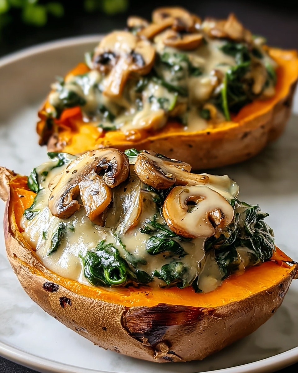 Two halves of roasted sweet potato are placed on a white plate, each with three visible layers: the bottom layer is bright orange soft sweet potato with a slightly wrinkled brown skin edge, the middle layer is a green and slightly leafy sautéed spinach, and the top layer has light tan creamy mushroom sauce with cooked brown mushroom slices on top. The sauce appears smooth and slightly glossy, melting over the vegetables. The dish sits on a white marbled surface. photo taken with an iphone --ar 4:5 --v 7