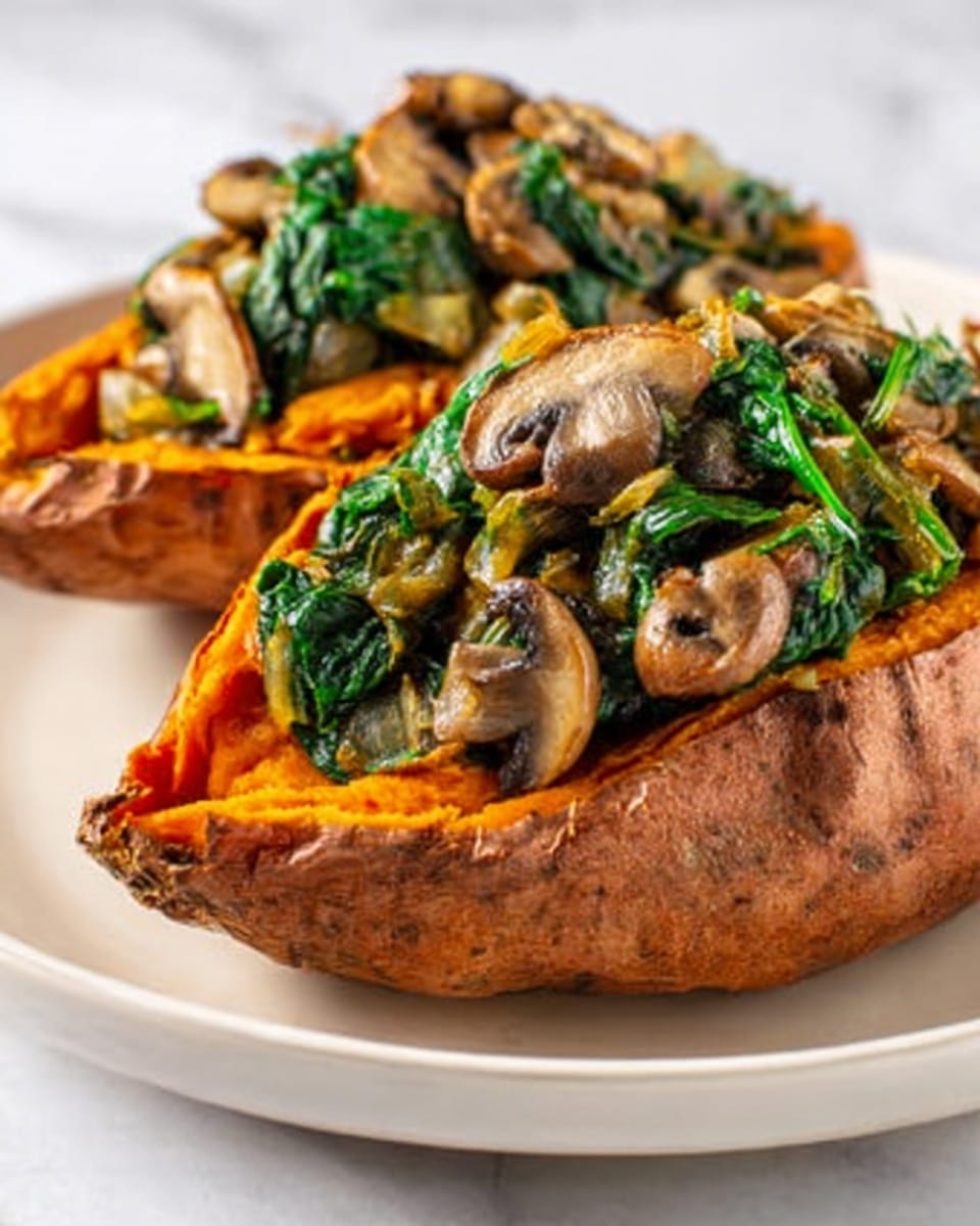 The image shows a white plate holding two baked sweet potatoes sliced open and filled with layers of sautéed green spinach and golden-brown cooked mushrooms on top. The sweet potato skin is reddish-orange with a soft, textured inside. The mushrooms are scattered in small pieces and look juicy, while the spinach is wilted but bright green, filling the potato cavities fully. The background is a smooth white marbled surface. Photo taken with an iphone --ar 4:5 --v 7