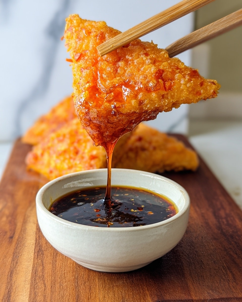 A crispy, golden-orange triangular fritter held by wooden chopsticks is dripping thick dark brown sauce into a small white ceramic bowl with a matte bottom, placed on a wooden board. The fritter has a rough, crunchy texture with visible bits of ingredients and a glossy, sticky coating. Behind the bowl, another piece of the fritter rests on the wooden board, set against a softly blurred white marbled texture background. photo taken with an iphone --ar 4:5 --v 7