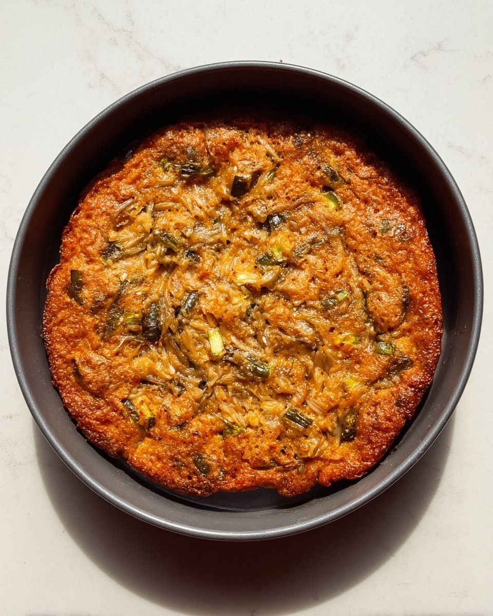 A round, single-layer savory pancake with a rough, uneven texture and a golden-orange color fills a dark gray baking pan. The pancake surface shows visible chunks of vegetables, with green and white pieces scattered throughout, creating a rustic, fibrous look. The edges are slightly darker and crispy, while the middle stays soft and bumpy, with hints of oil glistening subtly. The pan sits on a white marbled surface, catching soft natural light. Photo taken with an iphone --ar 4:5 --v 7