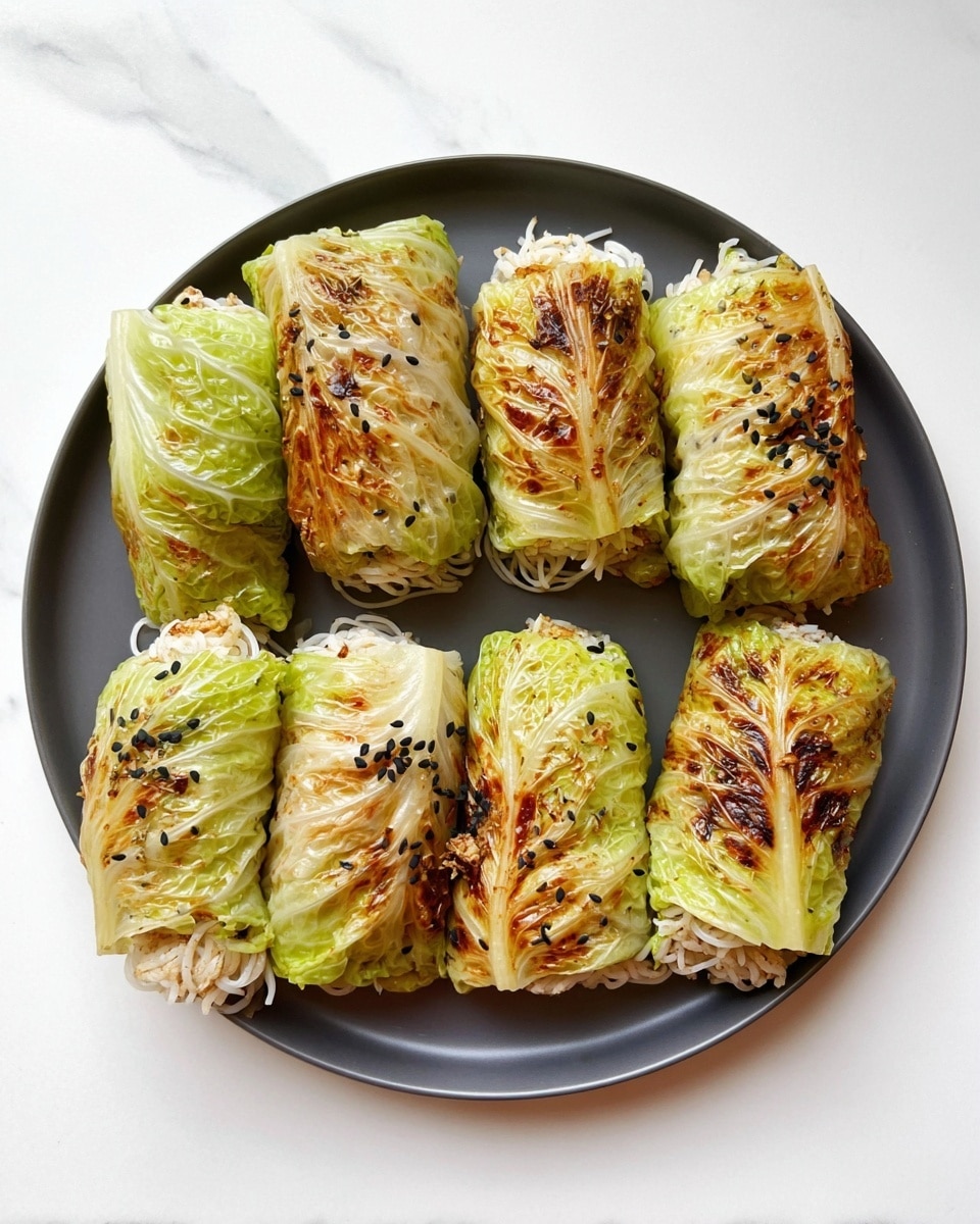 Six cabbage rolls are arranged neatly on a round white plate, each roll wrapped with grilled green cabbage leaves showing light to dark brown grill marks and a slightly crispy texture. Inside the rolls, white thin noodles and small pieces of meat or vegetables peek out from the ends. The rolls are sprinkled with small black sesame seeds on top, adding contrast to the warm golden and green colors. The plate is set on a white marbled surface. photo taken with an iphone --ar 4:5 --v 7