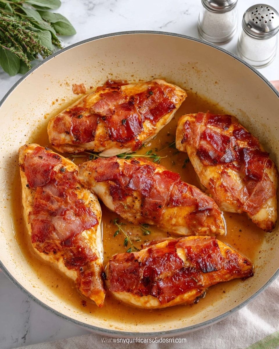The image shows four chicken breasts cooking in a white pan, each topped with a reddish-brown layer of crispy prosciutto that has some darker browned spots, giving it a textured, slightly shiny appearance. The chicken underneath is a pale golden color that can be seen on the edges and near the bottom of the pan’s light beige cooking surface. There is a light brown sauce or juices surrounding the chicken pieces in the pan, adding a glistening effect. The pan is placed on a white marbled surface with some green herbs visible in the background and salt and pepper shakers nearby. Photo taken with an iphone --ar 4:5 --v 7