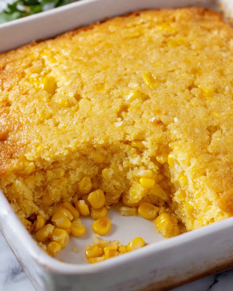The image shows a close-up of a baked corn casserole in a white rectangular dish. The dish has one thick layer with a golden-yellow color and a crumbly texture on the top surface. The inside layer is moist and slightly dense, containing whole bright yellow corn kernels scattered evenly throughout. A scoop has been taken out from one corner, revealing the soft and creamy interior with visible corn pieces. The dish sits on a white marbled surface. photo taken with an iphone --ar 4:5 --v 7