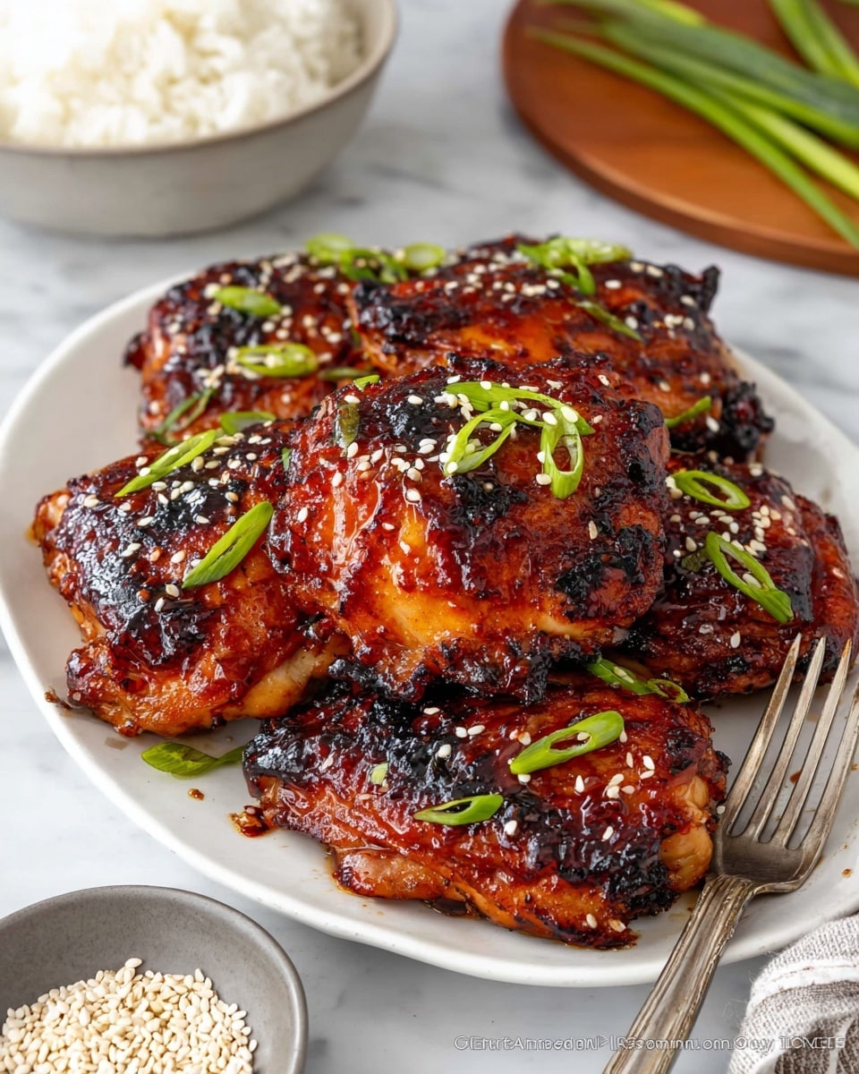 A white oval plate filled with seven grilled chicken thighs stacked in layers, each piece showing a shiny, sticky, dark reddish-brown glaze with spots of black charring for a crispy texture, topped with thinly sliced green onion pieces and small white sesame seeds. The chicken skin looks glossy and caramelized with rough and smooth parts. On the right side of the plate, rests a silver fork. In the blurred background, there is a white bowl filled with fluffy white rice and a wooden plate with sliced green onions on a white marbled surface. At the bottom foreground, a small gray bowl with white sesame seeds is visible. photo taken with an iphone --ar 4:5 --v 7