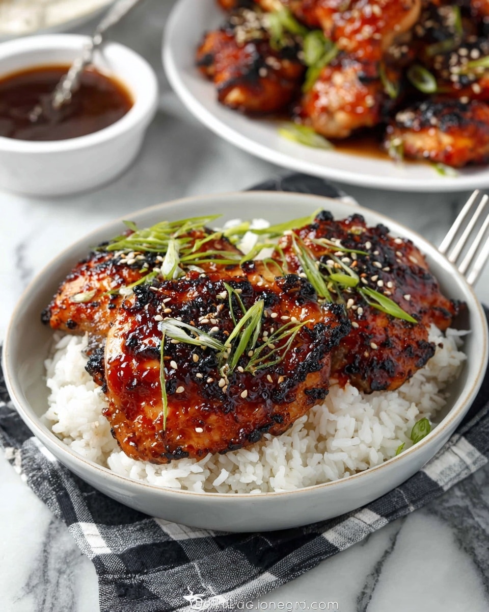 A white bowl filled with fluffy white rice forms the base layer, topped with two pieces of grilled chicken thighs covered in a dark, sticky, reddish-brown glaze with charred, blackened spots. The chicken is garnished with thinly sliced green onions and sprinkled with white sesame seeds. The bowl is placed on a black and white checkered cloth on a white marbled surface. In the background, a white plate holds more glazed chicken pieces, and a small white bowl with dark sauce is partially visible. Photo taken with an iphone --ar 4:5 --v 7