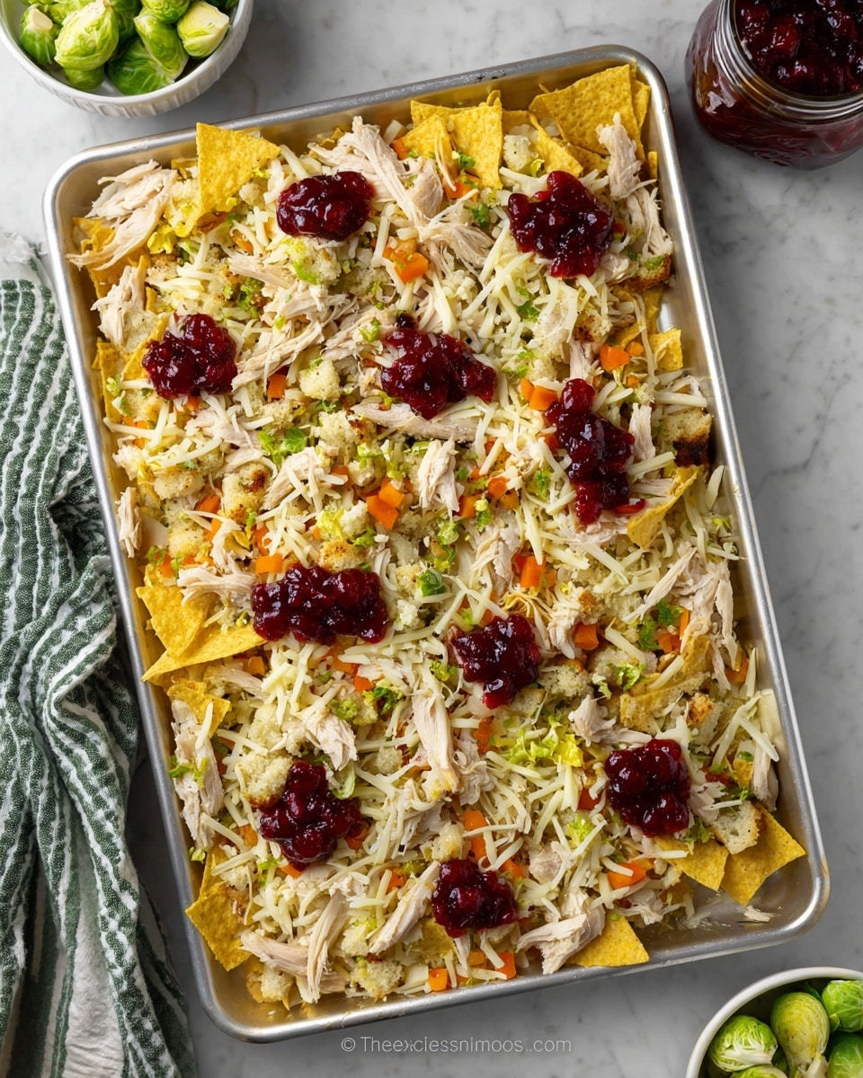 A silver baking tray filled with a layered dish starting with a base of crisp yellow tortilla chips, topped with shredded white cheese scattered evenly. Over the cheese are small chunks of light brown stuffing mixed with green bits of Brussels sprouts and small pieces of orange carrots. Shredded white turkey meat is spread across, and small dollops of deep red cranberry sauce are placed on top in a scattered pattern. The tray is set on a white marbled surface with a small white bowl of Brussels sprouts and a glass jar of cranberry sauce nearby. A green and white striped cloth is partially visible on the left side. photo taken with an iphone --ar 4:5 --v 7