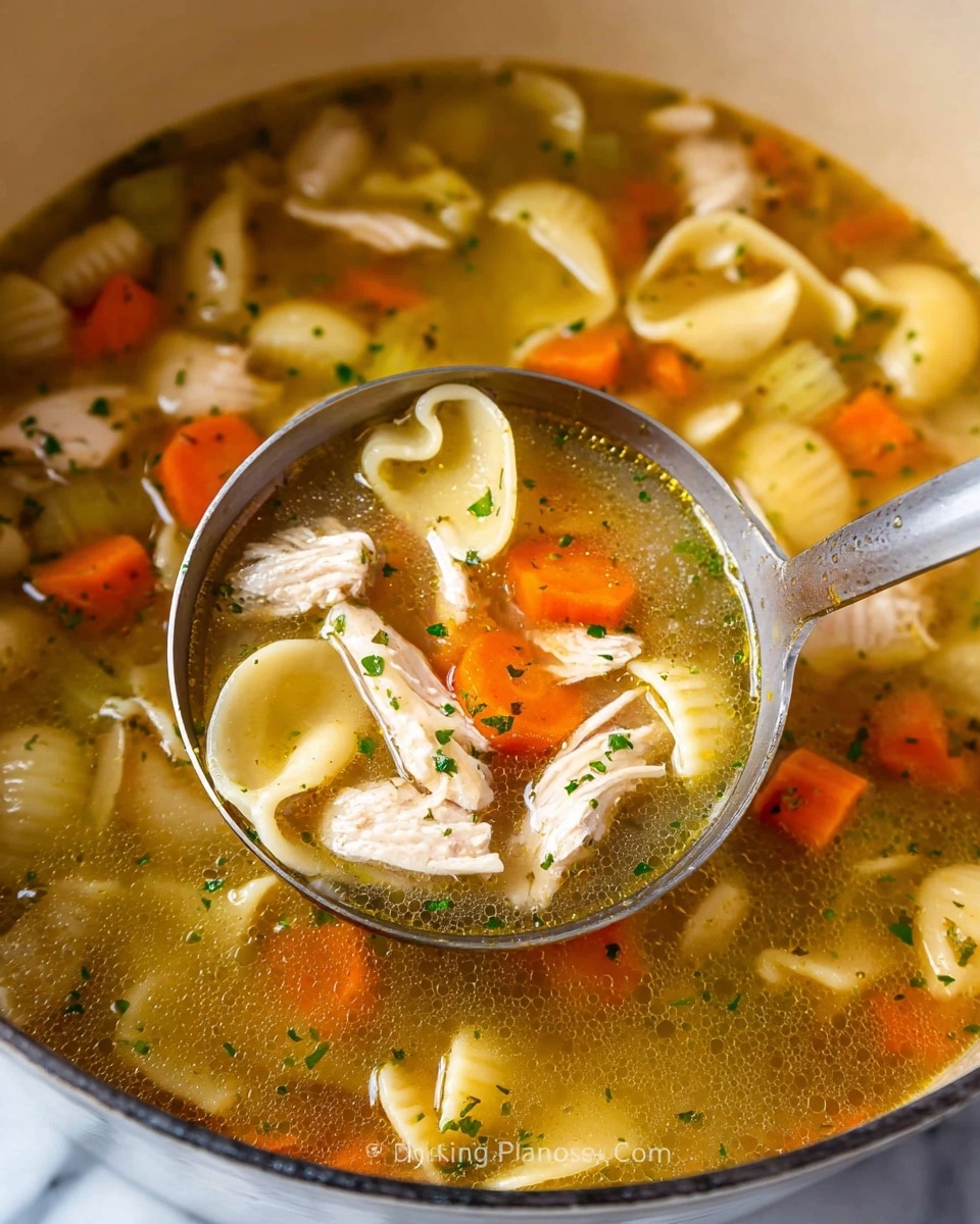 A close-up image of chicken noodle soup in a white pot, showing three main layers of ingredients in a clear golden broth: large orange carrot slices scattered throughout, pale yellow celery pieces, and shell-shaped pasta along with chunks of white chicken meat, all sprinkled with small green herb bits. A large metal ladle is lifting some soup with visible pieces of carrot, celery, pasta, and chicken, highlighting the thick textures and simmered look of the dish. The soup looks warm and hearty with a soft light reflecting off the broth, presented on a white marbled texture surface. Photo taken with an iphone --ar 4:5 --v 7