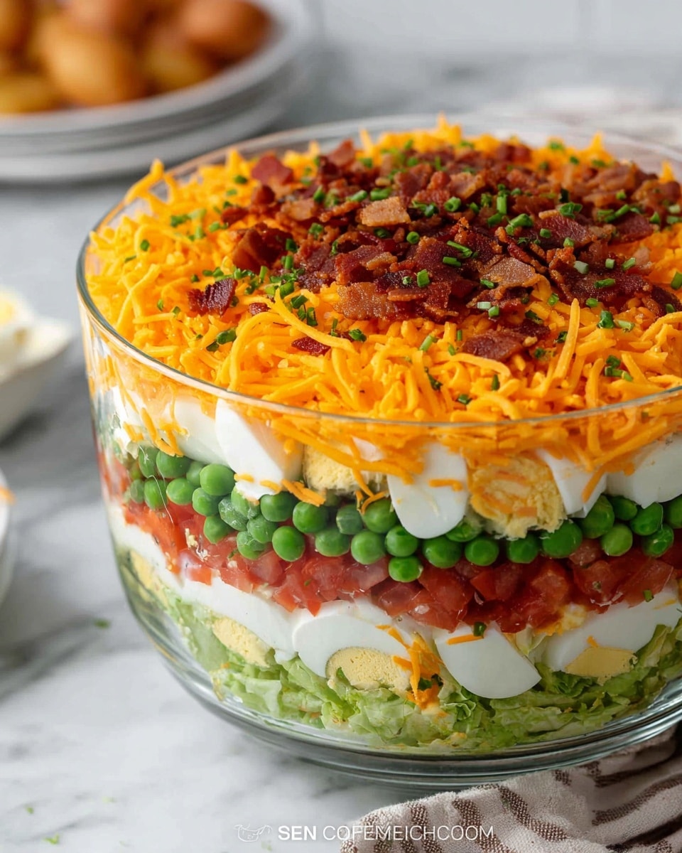 This image shows a clear glass bowl with seven visible layers of food, placed on a white marbled surface with a white plate and food blurred in the background. The bottom layer is light green chopped lettuce, above it is a bright red tomato layer. The next layer is green peas, followed by a creamy white layer. On top of this is finely chopped hard-boiled eggs with a pale yellow color, then a thick layer of shredded orange cheddar cheese. The bowl is finished with a sprinkle of cooked brown bacon pieces and small green herb bits scattered over the cheese. photo taken with an iphone --ar 4:5 --v 7