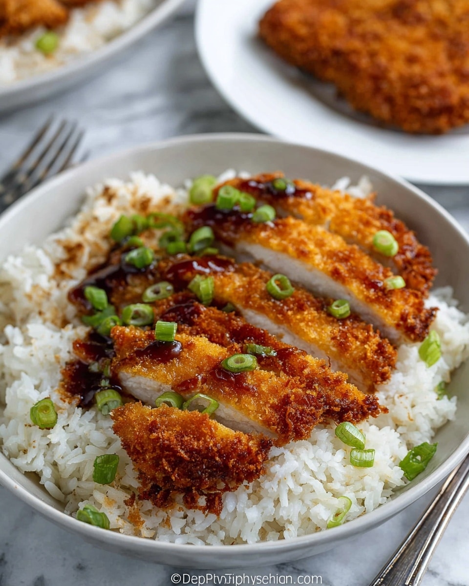 The image shows a white bowl filled with a base layer of fluffy white rice. On top of the rice lies a layer of sliced crispy golden-brown breaded chicken cutlet, arranged in a slight fan shape. The chicken is topped with a dark brown sauce in small dollops and garnished with bright green sliced green onions scattered over the dish. In the blurred background, there is another white plate holding a whole breaded chicken cutlet. The dish sits on a white marbled surface with a fork visible near the bowl. Photo taken with an iphone --ar 4:5 --v 7