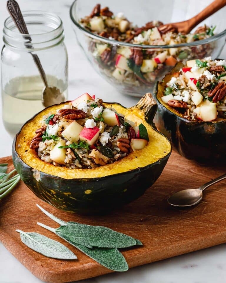 Stuffed Acorn Squash with Mushrooms, Apple, Cranberries, and Feta Recipe