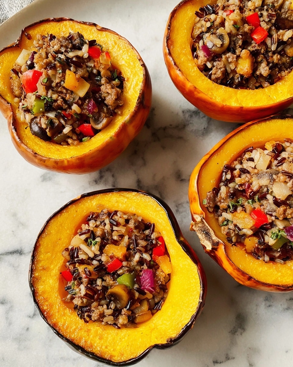 The image shows four stuffed acorn squash halves placed on a white marbled surface, each with a thick orange outer skin and smooth yellow-orange flesh forming the first layer. The second layer is a colorful mix of cooked wild rice, ground meat, small diced red and green bell peppers, mushrooms, and other vegetables, filling the hollowed centers of the squash. The stuffing looks moist with a mix of textures from soft rice and tender vegetables. The edges of the squash are slightly browned, showing they are baked. The scene is simple and focused on the warm, hearty stuffed squash. Photo taken with an iphone --ar 4:5 --v 7
