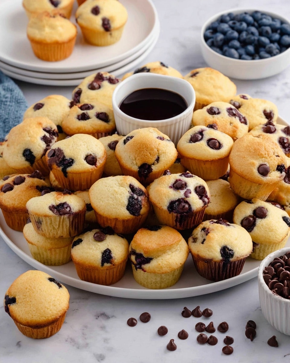 A large white plate is filled with many small muffins, some topped with chocolate chips and others with blueberries embedded on the surface. The muffins have a golden brown bottom layer and a light beige top with a soft, slightly textured batter. In the middle of the plate, there is a white ramekin filled with dark syrup. The plate sits on a white marbled surface, and near the plate, there are scattered chocolate chips and a small white bowl full of them. In the background, a partially visible white plate also holds a few muffins and scattered blueberries. photo taken with an iphone --ar 4:5 --v 7