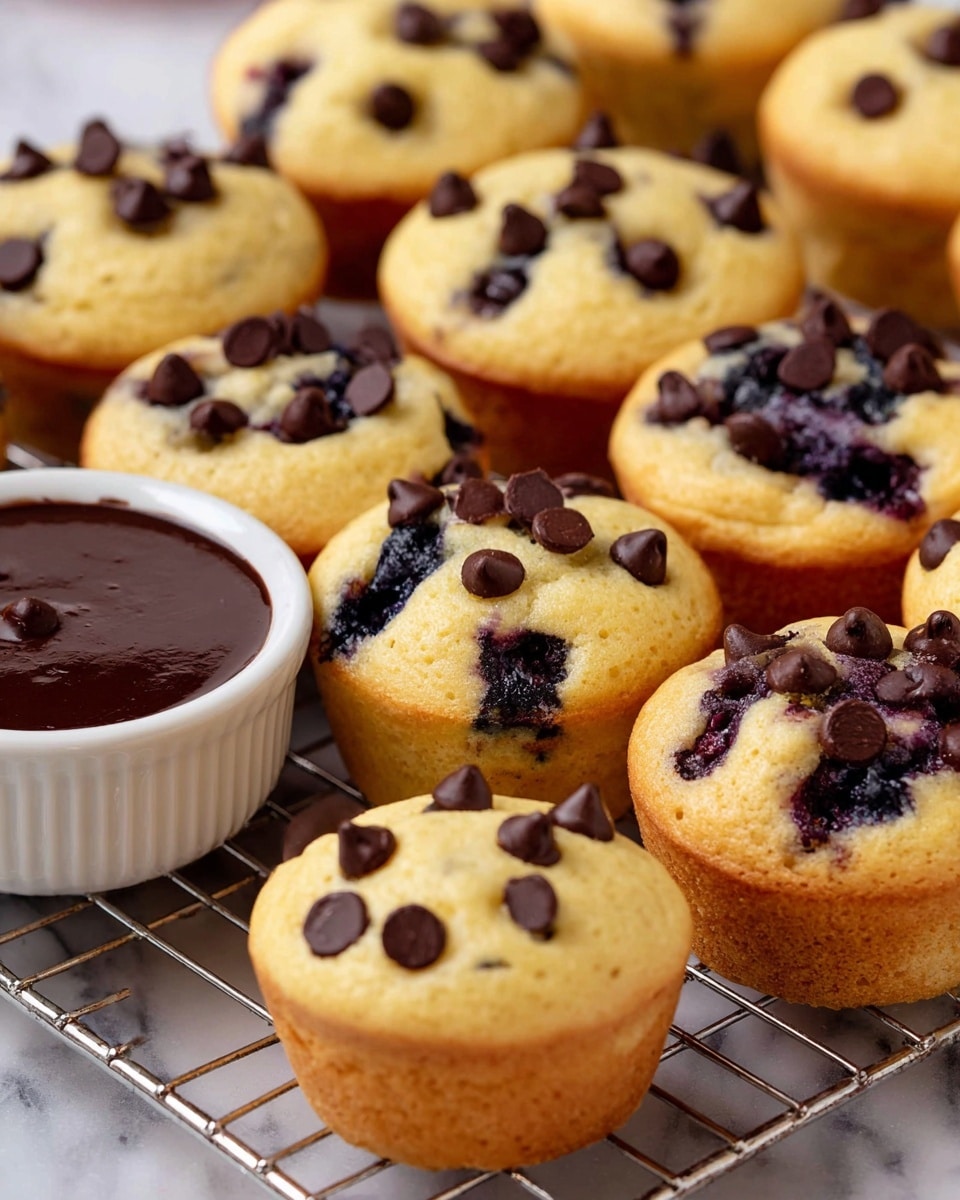 A close-up view of small muffins arranged on a metal cooling rack placed on a white marbled surface. The muffins have a golden brown outside with two main types visible: one type topped with dark purple blueberries embedded on top and within, showing juicy texture, and the other type topped generously with small dark brown chocolate chips scattered across the slightly domed light yellow batter. To the side, a white ramekin filled with smooth dark chocolate sauce sits on the white marbled background. The muffins appear soft and moist, some with blueberries bursting through the top layer. Photo taken with an iphone --ar 4:5 --v 7