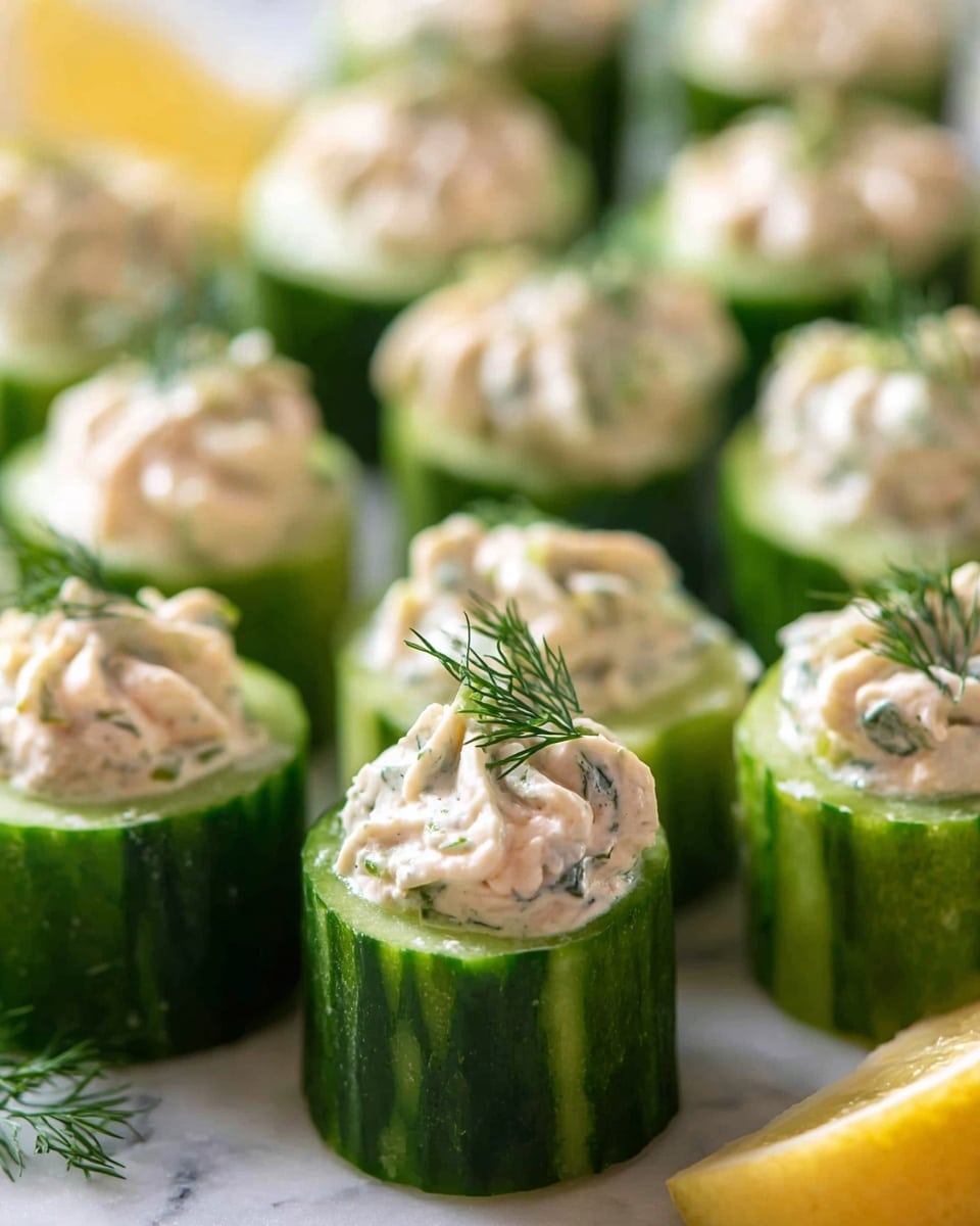 The image shows several bite-sized cucumber cups arranged closely together on a white marbled surface. Each cucumber cup is a thick green cylinder hollowed out to hold a creamy, light pink filling with visible small herb bits. The filling is swirled with soft peaks rising above the cucumber rim. Each cup is garnished with a small sprig of fresh green dill on top. In the background, there are a few small wedges of yellow lemon adding a touch of bright color. photo taken with an iphone --ar 4:5 --v 7