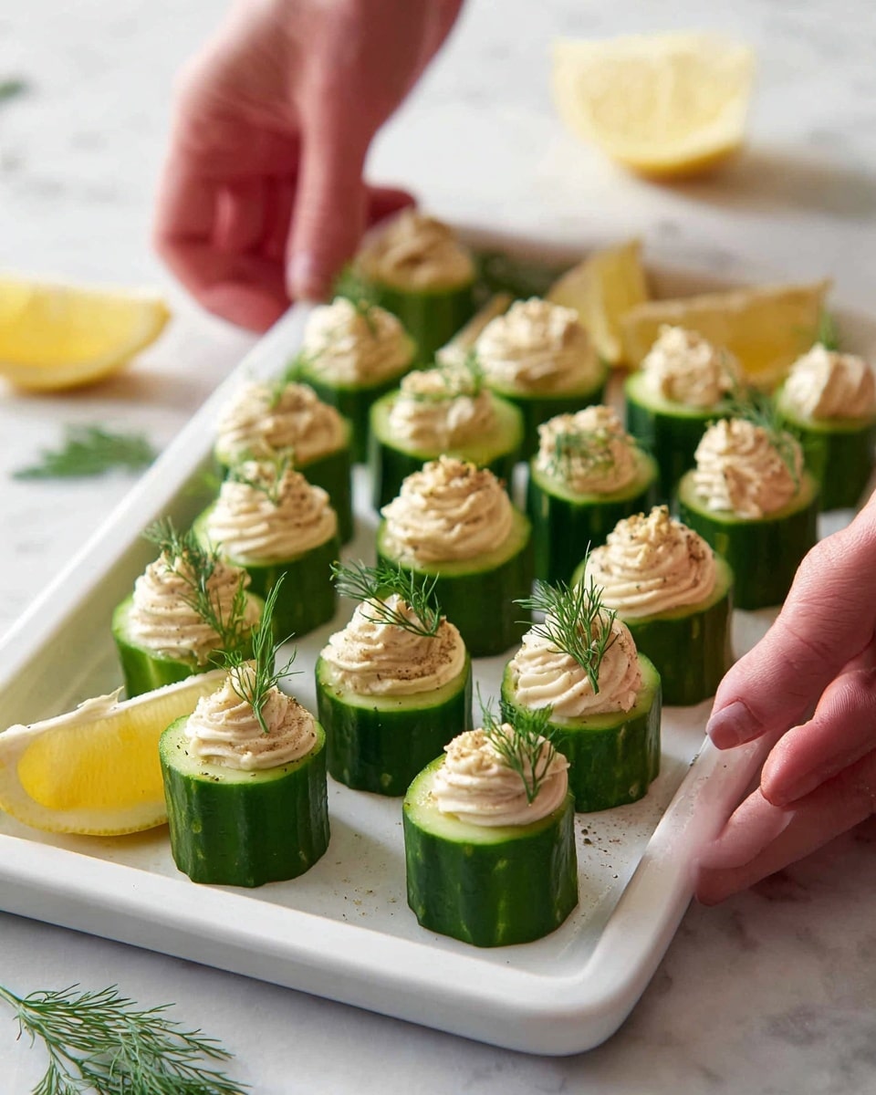 A white rectangular tray holds three rows of cucumber cups filled with a light beige creamy topping that has a slightly textured swirl surface. Each cucumber cup is thick and green with a fresh appearance, standing upright with the filling piped neatly on top. Small sprigs of fresh green dill and thin wedges of yellow lemon are placed decoratively between the cucumber cups, adding color contrast. A woman's hands are holding the tray on both sides, and the tray is set on a white marbled textured surface with scattered sprigs of dill and a half lemon placed nearby. Photo taken with an iphone --ar 4:5 --v 7