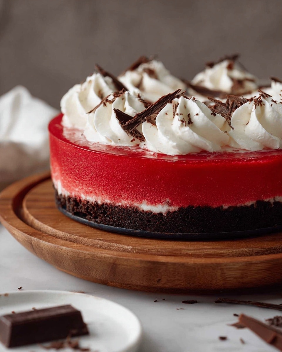 The image shows a three-layer dessert on a round wooden stand. The bottom layer is dark and crumbly, like a chocolate cookie crust. The middle layer is thick and smooth, bright red with a shiny finish. The top layer is a swirl of white whipped cream, soft and fluffy, sprinkled with small dark chocolate shavings. There is a white marbled surface below the stand and a blurred piece of the dessert in the bottom left corner with a white cloth nearby. photo taken with an iphone --ar 4:5 --v 7