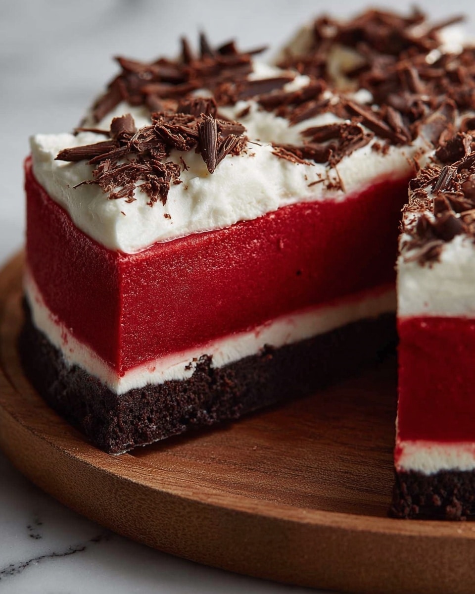 The image shows a close-up view of a dessert with three distinct layers arranged on a wooden board. The bottom layer is a dark, crumbly crust, likely chocolate, with a rough texture. The middle layer is thick and smooth, bright red in color, forming a perfect rectangular block. On top, there is a generous layer of whipped cream, white and fluffy with a light, airy texture. Dark chocolate shavings are scattered over the whipped cream, adding a rich, textured contrast to the smoothness below. The photo is taken against a white marbled texture. photo taken with an iphone --ar 4:5 --v 7