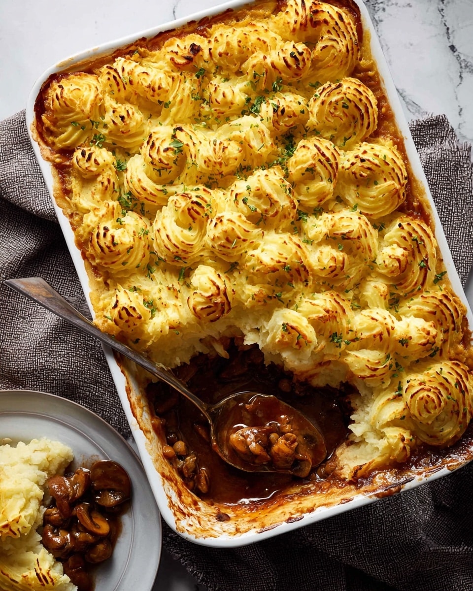 A white rectangular baking dish filled with shepherd's pie, showing two layers: the top layer with piped golden-brown mashed potato swirls that are slightly crispy and sprinkled with green herbs, and the bottom layer with rich brown meat gravy mixed with mushrooms and vegetables, visible where a portion is missing from the dish. A spoon lies in the dish, scooping up some of the dark gravy with chunks of meat and mushrooms. The dish sits on a textured gray cloth on a white marbled surface, and a white plate with a serving of the pie and mashed potatoes is partially visible in the lower left corner. photo taken with an iphone --ar 4:5 --v 7