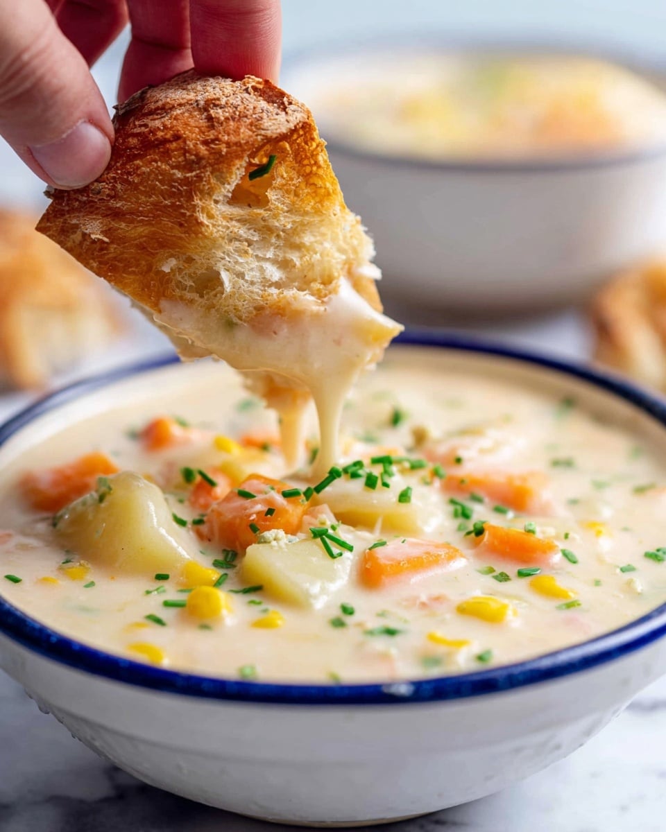 A white bowl with a blue rim is filled with thick creamy soup that has visible chunks of orange carrots, white potatoes, yellow corn, and scattered green chives on top. A woman's hand is dipping a piece of crusty bread into the smooth soup, causing some of it to drip back into the bowl. The bowl is set on a white marbled surface, and there is a blurred white bowl in the background. photo taken with an iphone --ar 4:5 --v 7