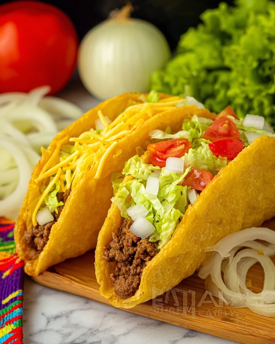 The image shows two crispy taco shells that are golden brown and thick, each filled with several layers. The bottom layer is brown cooked ground meat, topped with a layer of green shredded lettuce, followed by small chunks of red tomato. There are also white onion slices scattered throughout. The top layer is a light yellow shredded cheese. In the background, there is a whole red tomato, cut white onion, and some green lettuce leaves, all placed on a white marbled surface. The tacos rest on a wooden tray with a colorful cloth nearby. Photo taken with an iphone --ar 4:5 --v 7