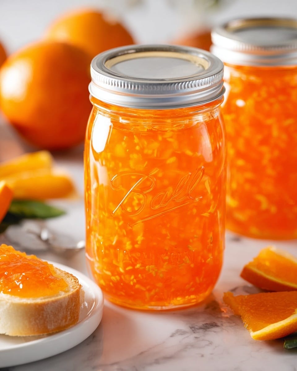 The image shows a clear glass jar filled with bright orange marmalade, featuring small bits of orange peel evenly distributed throughout. The jar has a silver metal lid and the word “Ball” embossed on its surface. To the right and slightly behind it, another similar jar is partially visible. In front of the jars on the left, there is a white plate with a small piece of toasted bread topped with the same glossy orange marmalade. On the white marbled surface around the jars, there are a few orange wedges and blurred orange fruits in the background. The lighting is soft and natural, highlighting the vibrant color and slightly chunky texture of the marmalade. Photo taken with an iphone --ar 4:5 --v 7