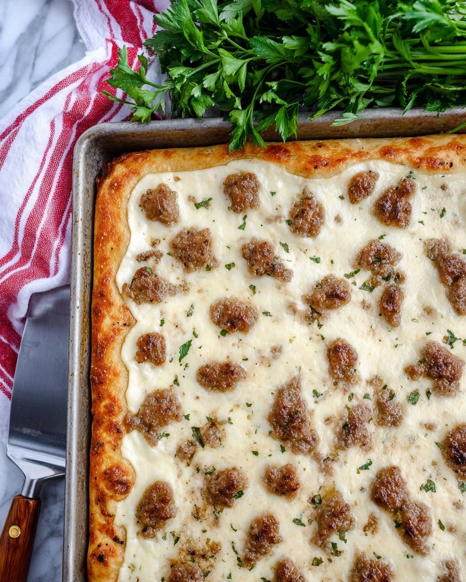 A close-up of a large rectangular pizza in a metal baking tray with a thick golden crust at the edges. The pizza has two main layers: a smooth, creamy white melted cheese layer covering nearly the entire surface and small, irregularly shaped, browned sausage pieces evenly spread on top. The tray sits on a white marbled background with a bundle of fresh green parsley and a white and red striped cloth nearby. A metal spatula with a wooden handle is partially visible to the left side. Photo taken with an iphone --ar 4:5 --v 7
