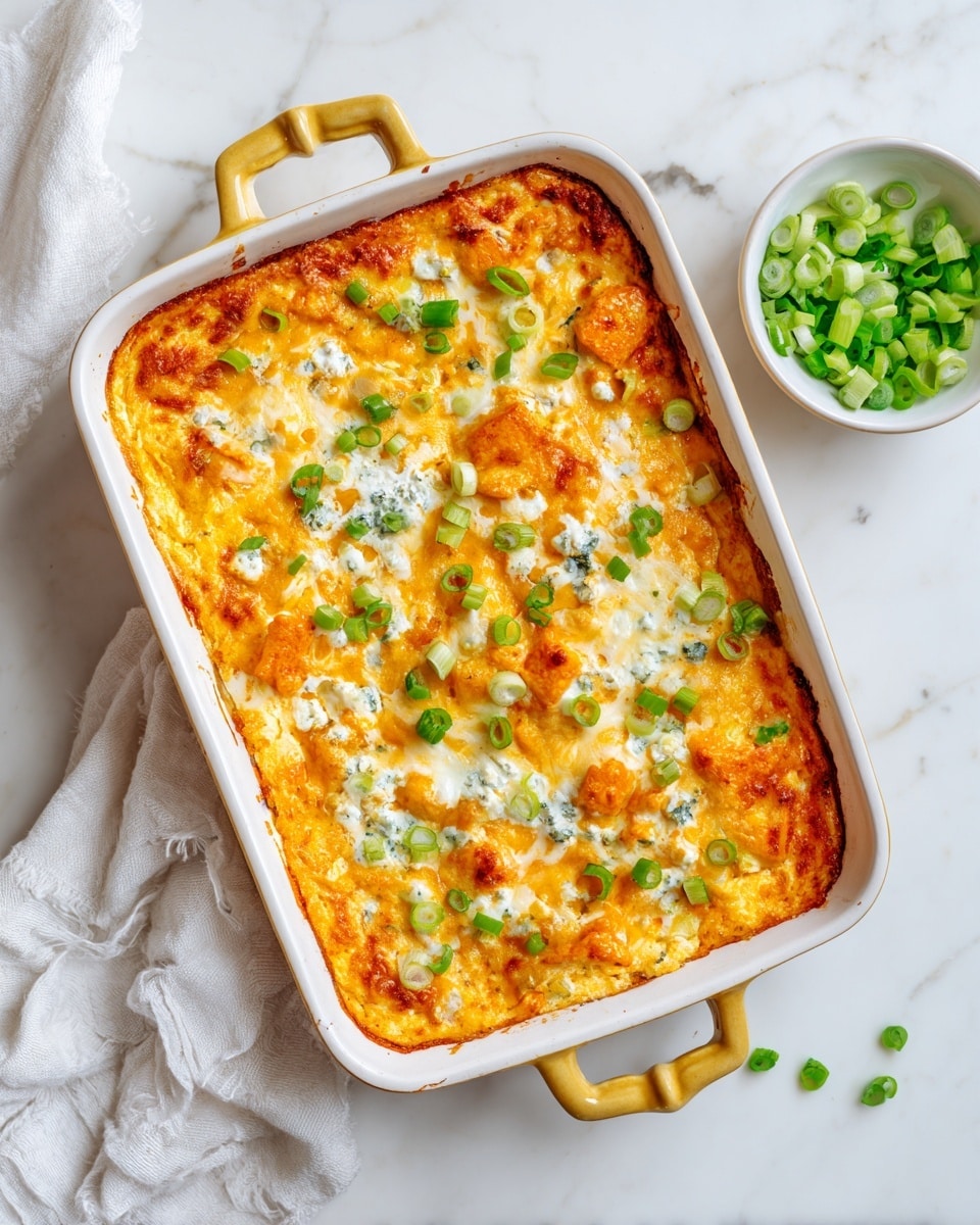 A white square baking dish filled with a creamy cauliflower casserole, showing roughly two main layers: the bottom layer is a rich, orange-colored cheesy sauce mixed with small cauliflower florets, while the top layer is covered with melted white cheese that looks gooey and bubbly, sprinkled with fresh green herb leaves scattered evenly over the surface. The dish sits on a white marbled surface with soft lighting highlighting the texture of the melted cheese and cauliflower bits, photo taken with an iphone --ar 4:5 --v 7