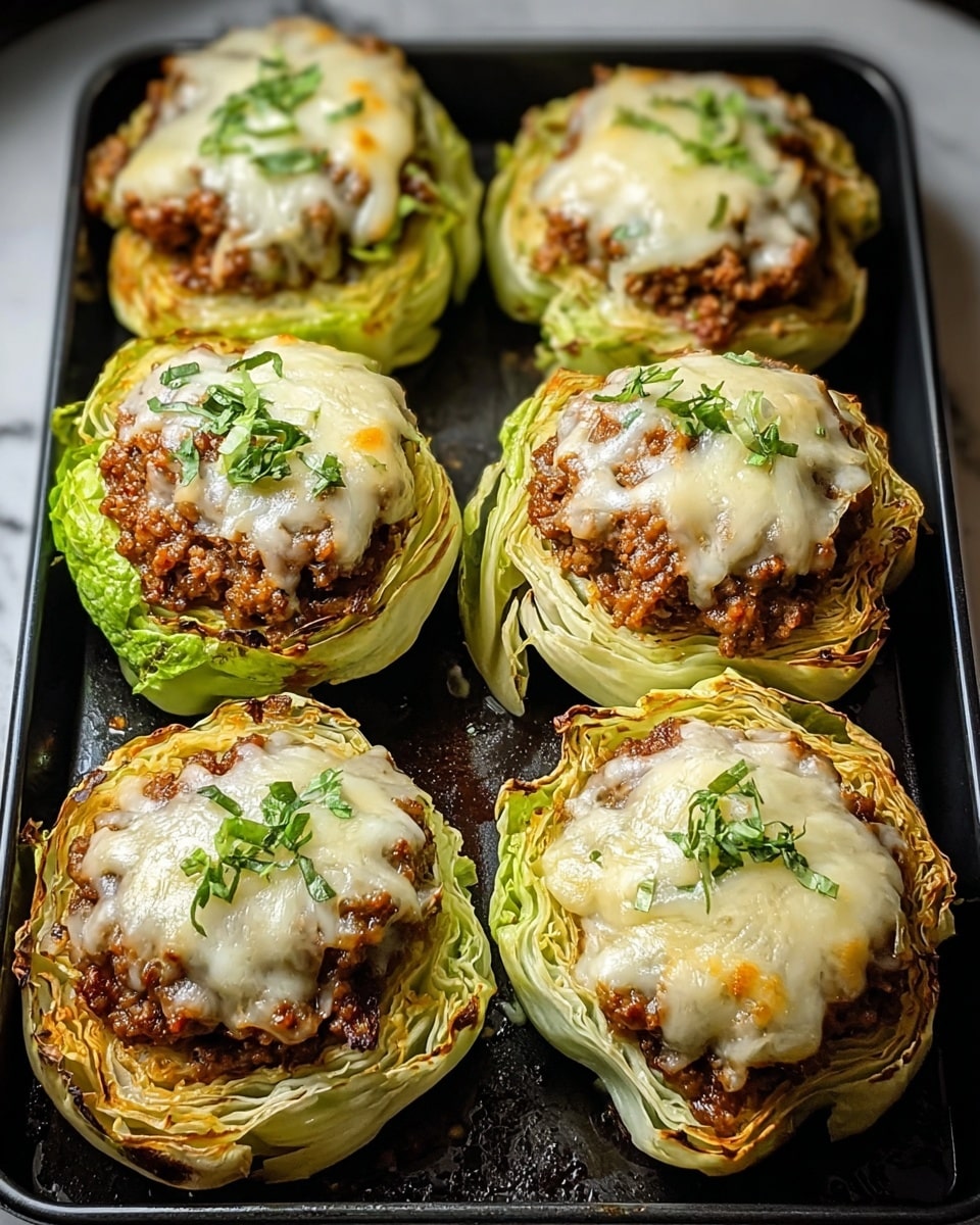 The image shows six stuffed cabbage cups arranged on a black baking tray. Each cup has three layers: the bottom layer is light green and slightly crispy cabbage leaves, the middle layer is a thick, browned meat patty with a coarse texture, and the top layer is melted white cheese that covers most of the meat. There are small green herb pieces sprinkled over the cheese for garnish. The cabbage edges look roasted and slightly curled, and the tray has a few browned spots from cooking. The background is a white marbled texture. photo taken with an iphone --ar 4:5 --v 7