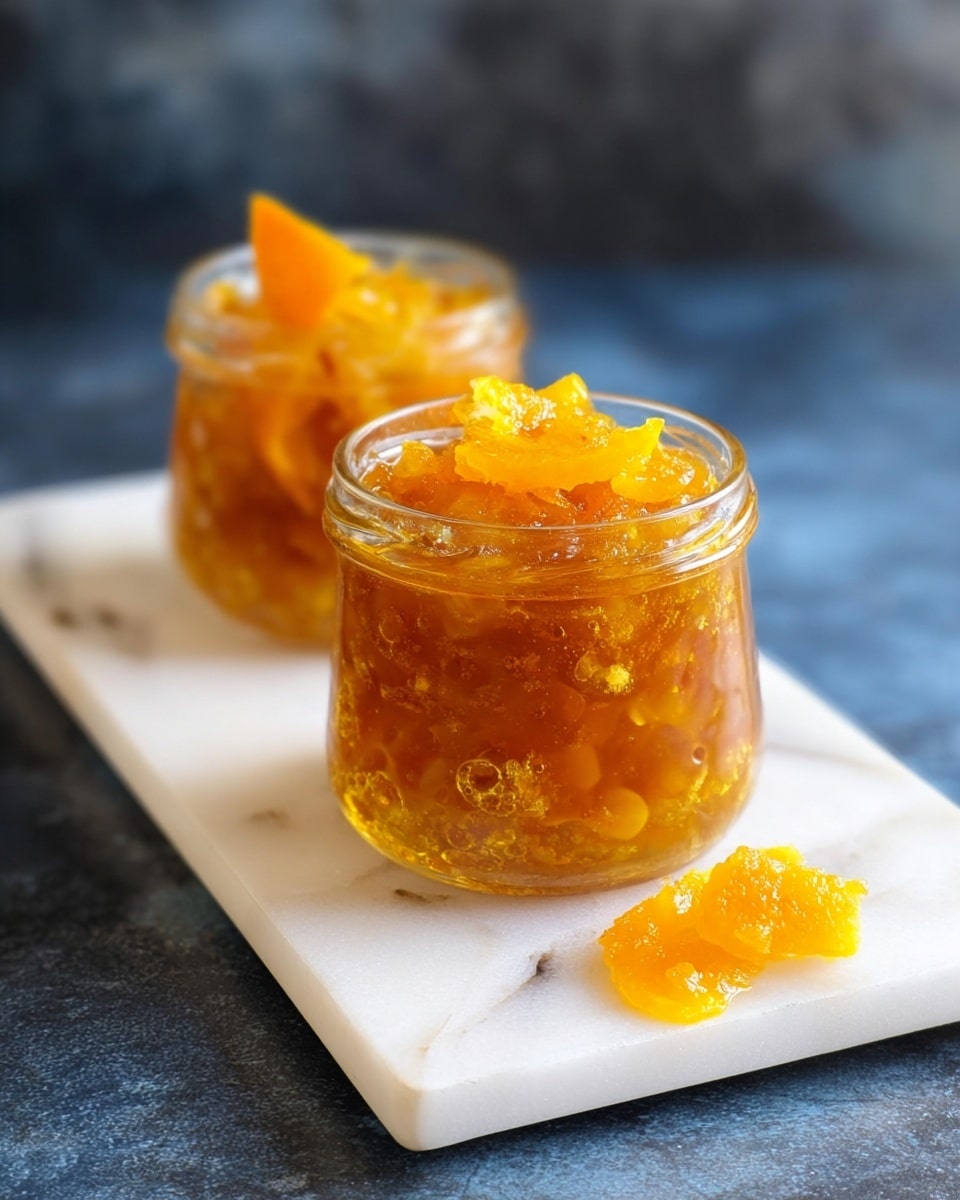 Two small clear glass jars sit on a white rectangular plate with a white marbled texture beneath. Each jar is filled with a chunky, orange-yellow preserve that includes visible slices of bright orange fruit and bits of peel. The preserve has a glossy, sticky texture and some bubbles near the rim. There is also a small pile of the same chunky preserve on the plate next to the jar in front. The background is blurred dark blue and gray, drawing focus to the jars. Photo taken with an iphone --ar 4:5 --v 7